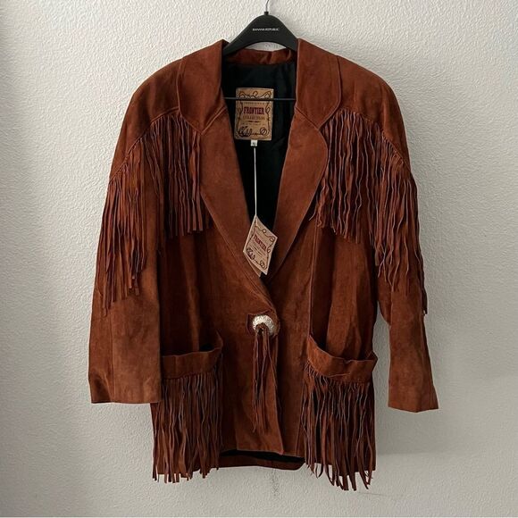 NWT VTG Leather Frontier Collection Western Boho Fringe Concho Brown 80’s Coat L - Picture 3 of 16
